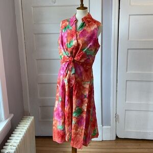 Jones New York Linen Floral Print Tie-Front Midi Dress, Size 14W